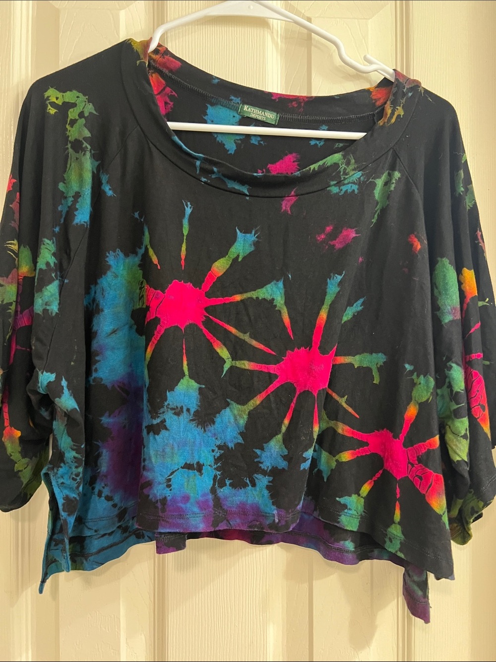 Kathmandu Black Tie-Dye Crop Sweatshirt with Neon Pink & Multicolor Splashes